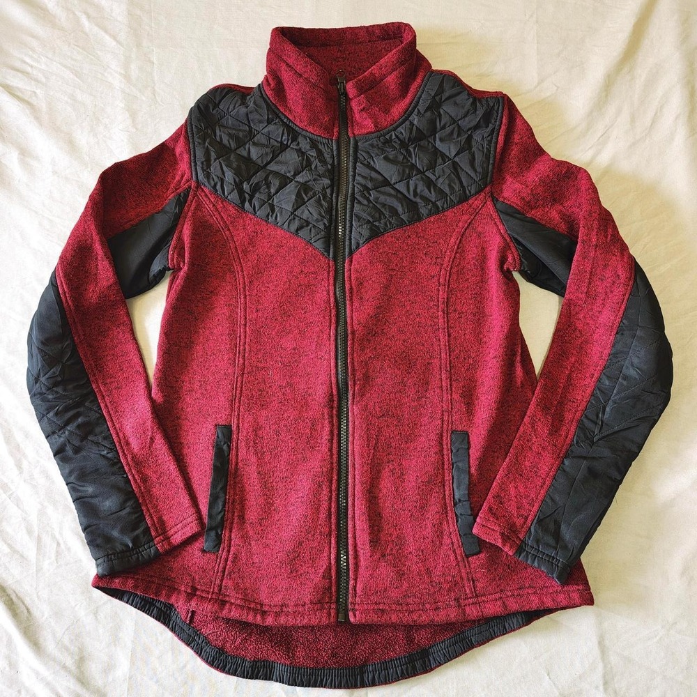 Maurices InMotion Women L Burgundy Fleece Full Zip Jacket Quilted Mixed Media